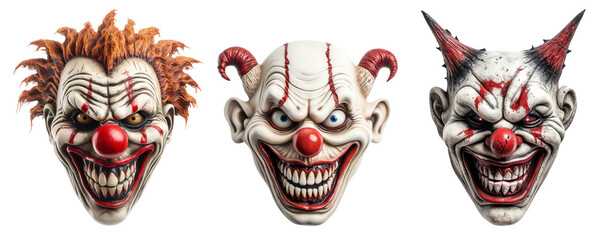 Scary horror clown mask isolated on transparent background - Generative AI