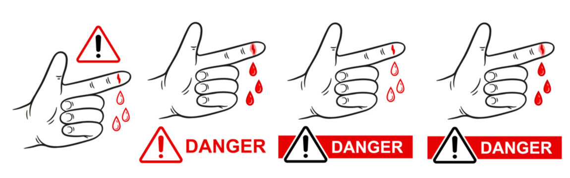 Hand finger cut injury risk warning, skin hurt wound with blood drops, danger sharp machine equipment line icon. Prevent human arm wrist bleeding body trauma. Attention be careful with tool vector