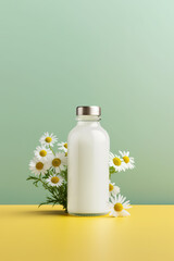 A bottle of milk and some daisies on a table. Generative AI. Blank beauty product bottle mockup.