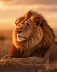 Obraz na płótnie Canvas Lion king sitting watching over the African savannah 