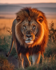 Obraz na płótnie Canvas Lion king sitting watching over the African savannah 