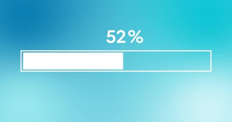 Simple white progress or loader bar animation. Loader bar from zero to one hundred percent on gradient blue monochrome backgfound. 4K resolution animation.