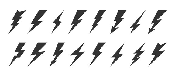Lightning bolt flash icon set. Energy power charge sign. Thunder strike electricity symbol. Thunderbolt pictogram. Powerful electrical discharge hitting from side to side. Thundershock zigzag arrow - obrazy, fototapety, plakaty