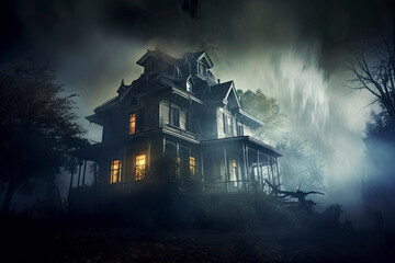 Grand Victorian Halloween haunted house with dramatic lights and fog with copy space created with Generative AI technology