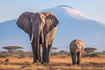 Fototapeta na wymiar African elephant with young with the backdrop of Mount Kilimanjaro