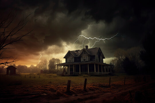 Grand Victorian Halloween haunted house with dramatic lights and fog with copy space created with Generative AI technology