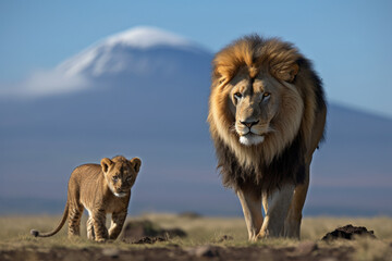 Fototapeta na wymiar Lion and cub with backdrop of Mount Kilimanjaro 