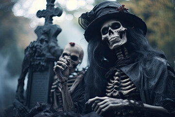 Fototapeta premium Person in a skeleton costume and dark funeral clothes having fun in a cemetery created with Generative AI technology