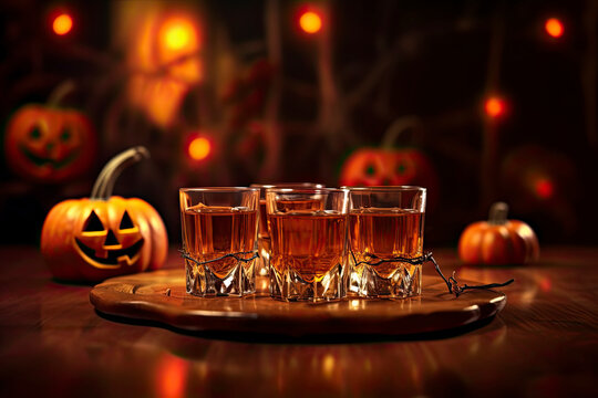 Halloween tablescape of skulls potion drinks pumpkins and orange glowing candles created with Generative AI technology