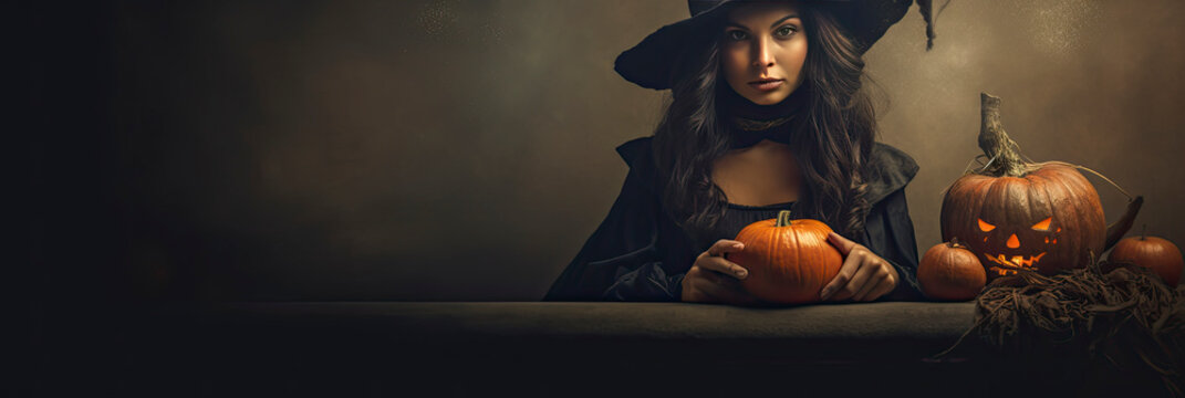 Halloween banner of young woman witch with pumpkins with copy space created with Generative AI technology