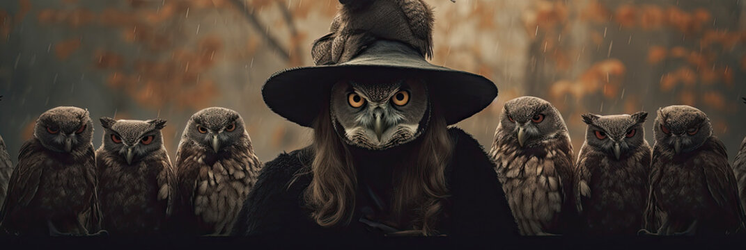 Terrifying owl witch woman surrounded by owls with copy space created with Generative AI technology