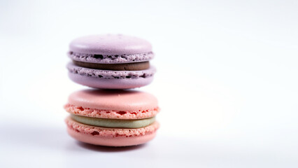 Macaron cookies on a white background. Cake macaroon, a sweet and colorful dessert. Ai generative.