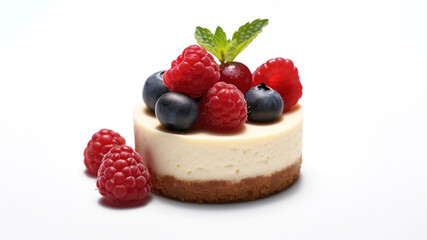 Mini cheesecake with berries and cream on a white background. Birthday cake, a sweet and colorful dessert. Ai generative.