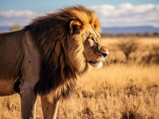 Fototapeta na wymiar male lion watching over savannah