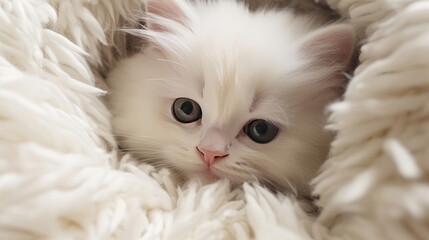 A cute little fluffy white kitten lying on a blanket