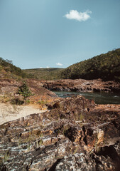 Aerial view of Encontro das águas river crossing Tocantinzinho e São Miguel at Colinas do Sul city Chapada dos Veadeiros