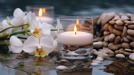 Beautiful elegant luxury wedding accessories on stone and wood. Burning candle and flowers