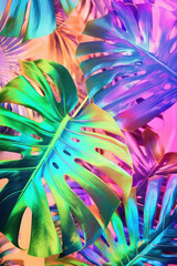 monstera leaves texture. tropical neon background. pink, purple and turquoise. generative ai, ai, generative.
