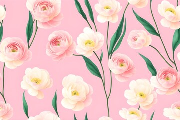 Ranunculus flower. Vintage seamless floral pattern. Background of small flowers. Small flowers scattered over a background. Stock for printing on surfaces. Realistic flowers. Generative AI. 