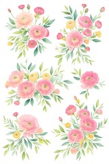 Fototapeta na wymiar Ranunculus flower. Floral frame wreath of pink ranunculus flower buds and eucalyptus on white background. Flat lay, top view mockup. Frame of flowers. Generative AI. 