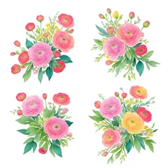 Fototapete Blumen Ranunculus flower. Floral frame wreath of pink ranunculus flower buds and eucalyptus on white background. Flat lay, top view mockup. Frame of flowers. Generative AI. 