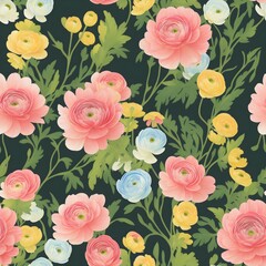 Ranunculus flower. Vintage seamless floral pattern. Background of small flowers. Small flowers scattered over a background. Stock for printing on surfaces. Realistic flowers. Generative AI.