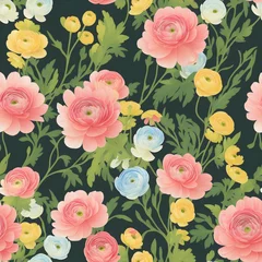 Behang Ranunculus flower. Vintage seamless floral pattern. Background of small flowers. Small flowers scattered over a background. Stock for printing on surfaces. Realistic flowers. Generative AI. © 360VP