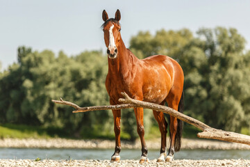 Portrait of a beautiful bay brown andalusian x arab horse gelding at the gravel beach bank of a river in summer outdoors