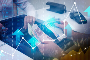Money exchange. Double exposure with graphs and photo of woman with euro banknotes at cash department window