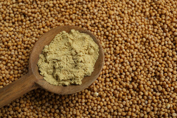 Wooden spoon of aromatic mustard powder on seeds, top view. Space for text
