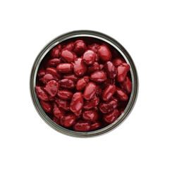 Tin can of canned kidney beans on white background, top view