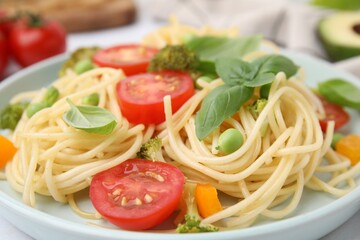Plate of delicious pasta primavera, closeup view