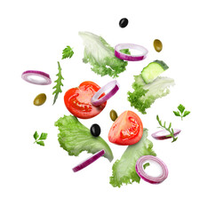 Lettuce leaves, arugula, olives, cut cucumber, onion and tomatoes falling on white background