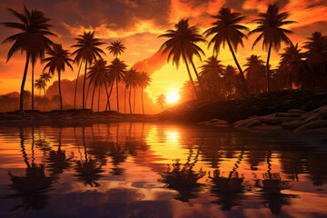 Fototapeta na wymiar Sunset with palm trees Generative AI