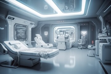 Medical equipment, technology and lighting on operating table in empty hospital operating room
