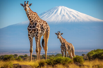 Giraffe with the backdrop of Mount Kilimanjaro 