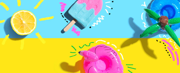 Summer concept with a flamingo float, lemon sunlight and a popsicle - flat lay