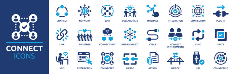 Connect icon set. Containing network, join, collaboration, connectivity, interaction, cable, integration and connection icons. Solid icon collection. - obrazy, fototapety, plakaty