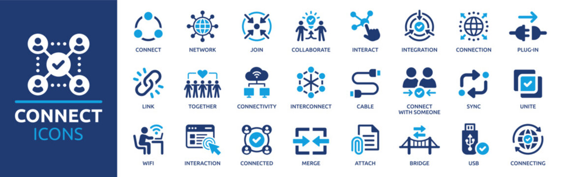 Connect icon set. Containing network, join, collaboration, connectivity, interaction, cable, integration and connection icons. Solid icon collection.