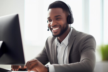 Humble happy call center person talking on headphones while looking at a computer