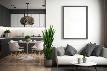 Mockup poster frame on the wall of living room with kitchen & dining room. Luxurious background with contemporary all white design. Modern scandinavian interior design. 3D render, AI generative