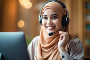 Muslim professional malay woman working as telemarketing wearing a headset happily talking to her customer - obrazy, fototapety, plakaty