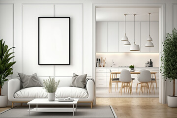 Fototapeta na wymiar Mockup poster frame on the wall of living room with kitchen & dining room. Luxurious background with contemporary all white design. Modern scandinavian interior design. 3D render, AI generative