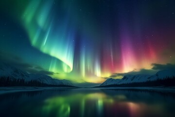 Northern Lights on the night sky. Aurora Borealis. AI generated, human enhanced - obrazy, fototapety, plakaty