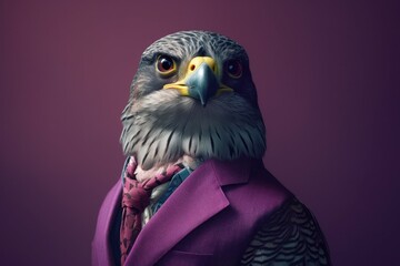 Anthropomorphic falcon dressed in a suit like a businessman. Business Concept. AI generated, human enhanced. - obrazy, fototapety, plakaty