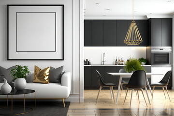 Mockup poster frame on the wall of living room with kitchen & dining room. Luxurious background with contemporary all white design. Modern scandinavian interior design. 3D render, AI generative