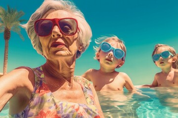 An old woman with her grandchildren on a spa vacation. Background with selective focus. AI generated, human enhanced - obrazy, fototapety, plakaty