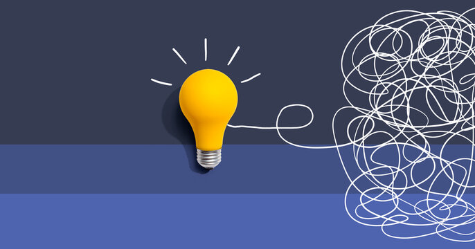 Clarifying complex ideas theme with light bulb - Flat lay