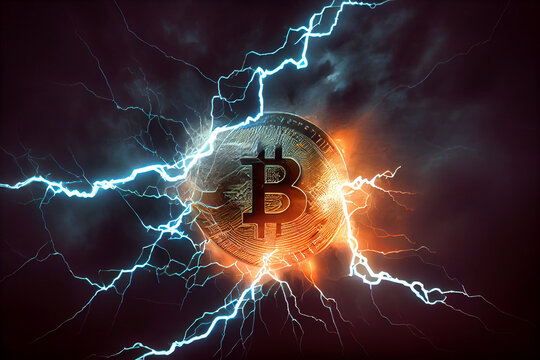 image of a bitcoin coin in the center with fire flares and lightning Bitcoin
