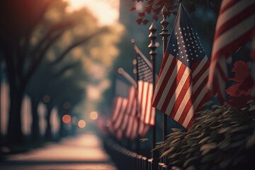 Holiday display of American flags on street in the city. Generative AI